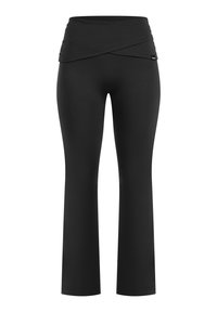 Pantalon de yoga noir taille haute avec une ceinture repliée et des jambes évasées présenté sur fond blanc.