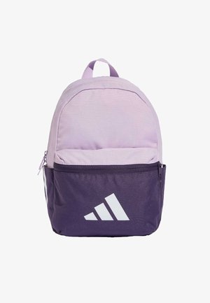 Ljubičasta i lavanda torba na leđima s glatkom teksturom, koja ima prednju zip vrećicu i bijeli logotip na donjem dijelu.