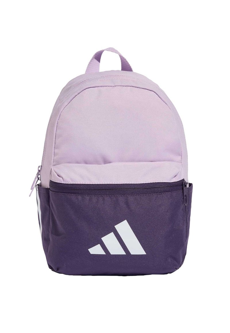 Sac à dos violet et lavande avec une texture lisse, doté d'une poche zippée à l'avant et d'un design de logo blanc dans la section inférieure.