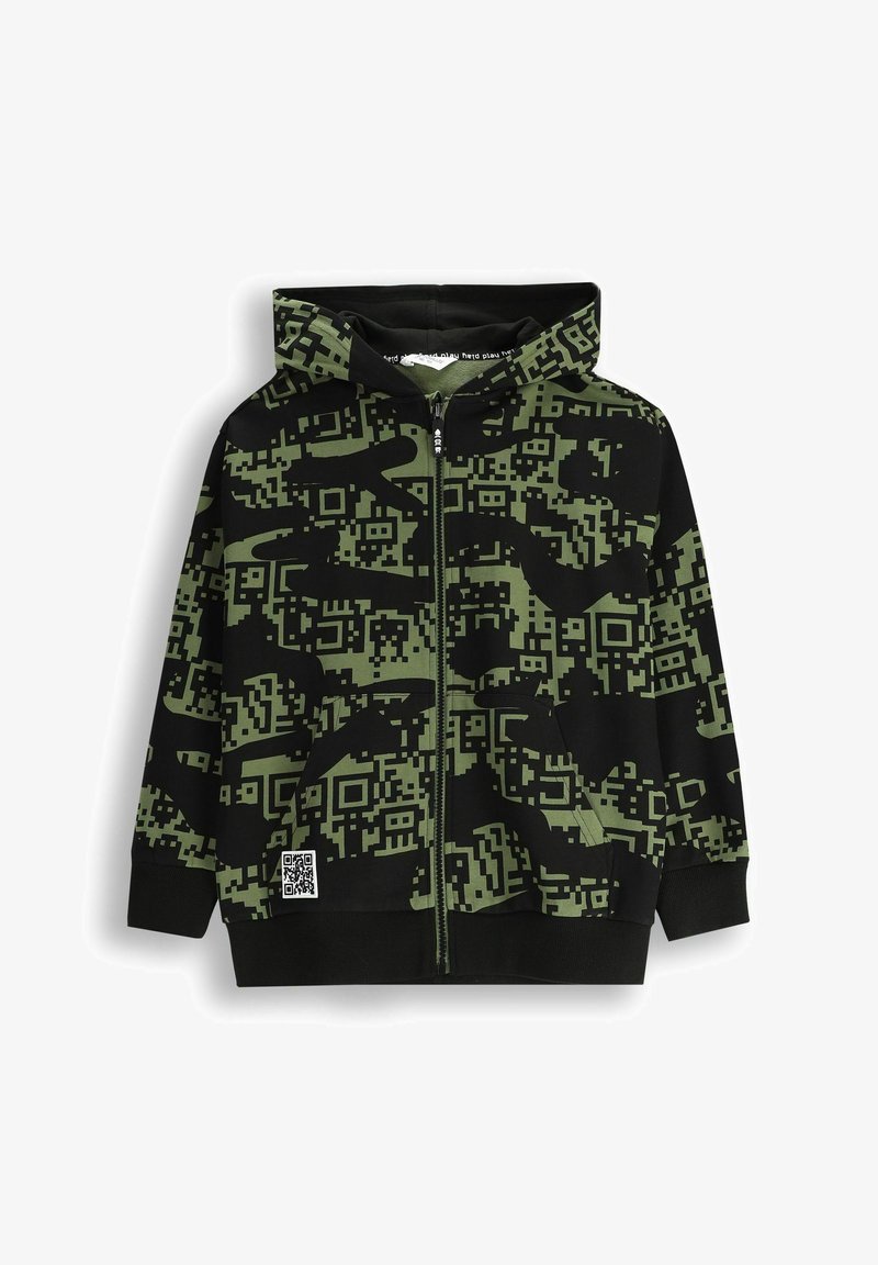 Czarna i zielona bluza z kapturem na zamek, charakteryzująca się pikselowym wzorem kamuflażu, przednią kieszenią oraz etykietą QR na dole. Materiał bawełniany.