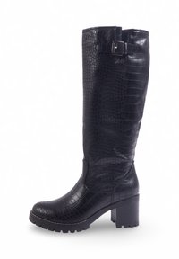 Bottes noires montantes en simili-crocodile texturé. Elles disposent d'un talon bloc, d'un bout arrondi et d'une boucle décorative sur le côté.