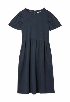 Navy blue cotton dress with short ruffled sleeves, round neckline, and a gathered waist, flowing into a knee-length skirt.