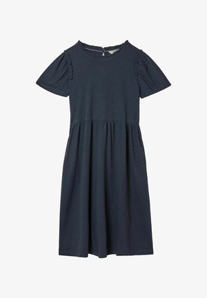 Navy blue cotton dress with short ruffled sleeves, round neckline, and a gathered waist, flowing into a knee-length skirt.
