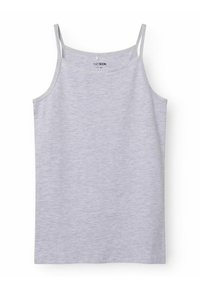 Débardeur en coton gris avec des fines bretelles, présentant un design simple et une texture douce, adapté pour un usage décontracté.