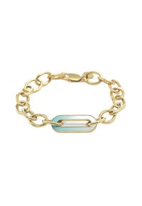 Bracciale in oro con grandi anelli e un anello ovale centrale tinto in due tonalità di blu. Finitura liscia con chiusura a perno.