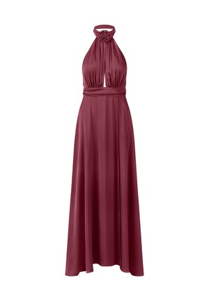 Langes burgunderfarbenes Kleid mit Trägern im Halterdesign, gerafftem Mieder und einem Ausschnitt in Schlüssel-Form. Glatte Satin-Optik mit einem floralen Akzent am Halsausschnitt.