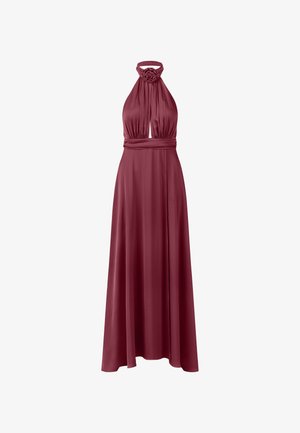 Langes burgunderfarbenes Kleid mit Trägern im Halterdesign, gerafftem Mieder und einem Ausschnitt in Schlüssel-Form. Glatte Satin-Optik mit einem floralen Akzent am Halsausschnitt.