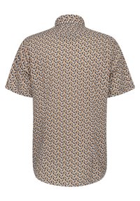 Kurzarmhemd in erdigen Tönen, mit einem sich wiederholenden kreisförmigen Muster in Braun, Blau und Weiß. Weicher Stoff mit einem klassischen Kragen.