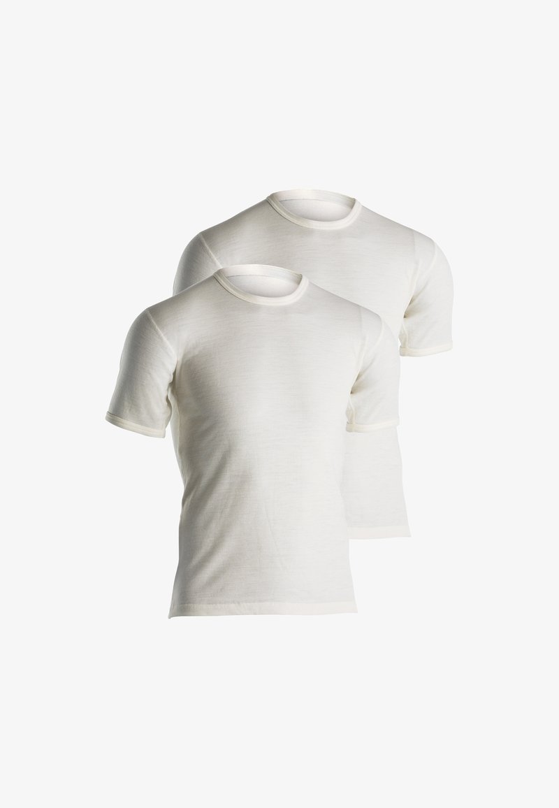 Two short-sleeve t-shirts in white, featuring a classic round neckline and a plain texture. Made from soft, lightweight fabric.