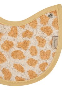 Runde Matte mit weichem Frottee-Textur in hellem Beige mit orangefarbenen Leopardenflecken, eingefasst mit einem glatten gelben Rand und einem Metallsnap.