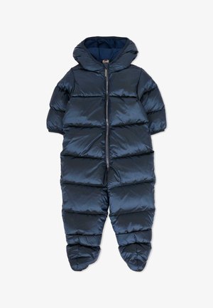 Tuta da neve imbottita blu navy con cappuccio, caratterizzata da un design trapuntato, cerniera frontale e polsini elasticizzati per calore e comfort.