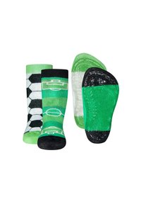 Zwei Paare grüne Socken: eines mit einem Muster aus schwarz-weißen Fußballen, das andere mit grünen Streifen und Sportikonen. Strukturiertes Fußbett.