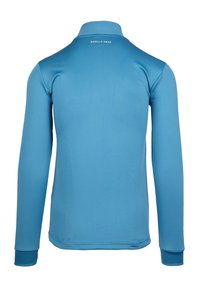 Langsleeve, lichtblauw shirt met een kraag en geribbelde manchetten. Glad textuur met minimalistische branding op de nek.