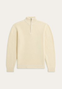 Strickpullover in creme mit hohem Kragen, halbem Reißverschluss vorne, gerippter Textur und langen Ärmeln. Einfaches und vielseitiges Design.