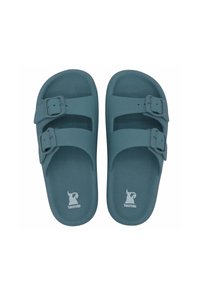 Sandales double boucle teal en matériau lisse et durable ; dotées d'une semelle intérieure ergonomique et d'un logo gravé sur la semelle.