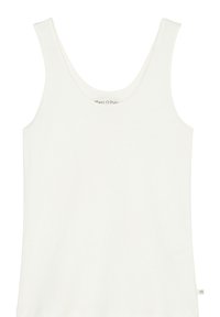 Top bianco senza maniche in tessuto a coste. Presenta un collo a giro e un piccolo etichetta con logo sull'orlo. Nessun motivo o dettaglio visibile.