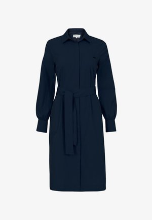 Navyblå skjortekjole med lange ærmer, krave, skjulte knapper, rynkede manchetter og et matchende stofbælte i taljen.