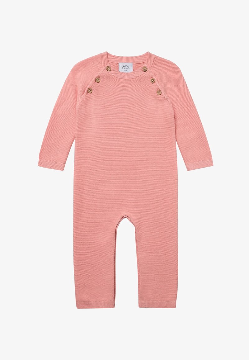 Roze gebreide romper met lange mouwen, voorzien van drie decoratieve knopen op de schouder, geribbelde manchetten en een gestructureerd patroon.