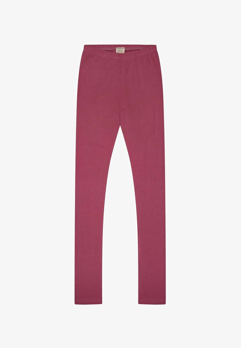 Leggings color maroon realizzati in tessuto morbido e elasticizzato. Presentano una cintura liscia e un design a gamba affusolata. Nessun motivo visibile o dettagli hardware.
