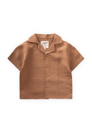 Chemise à manches courtes, avec col, de couleur marron clair, en tissu texturé, avec cinq boutons sur le devant et une étiquette indiquant la marque.