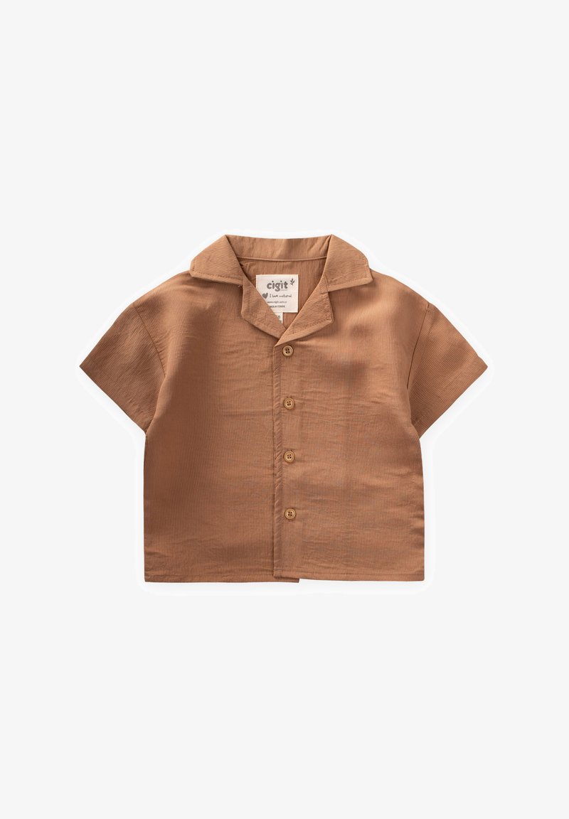 Košeľa s krátkym rukávom, s golierom, v svetlohnedej farbe, vyrobená z textúrovanej látky, s piatimi gombíkmi na prednej strane a štítkom s názvom značky.