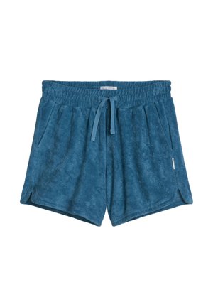 Short en éponge bleu avec taille élastique, cordon ajustable, poches latérales et petites fentes sur les côtés.