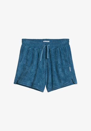 Blauwe badstofshorts met elastische tailleband, verstelbaar trekkoord, zijzakken en kleine zijsplitten.