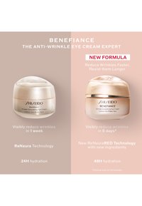 Två Shiseido ögonkrämburkar på en mjuk rosa bakgrund. Den vänstra burken har ett böjt lock, märkt ReNeura. Den högra burken har en glansig yta, märkt ReNeuraRED.