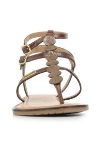 Sandales brunes à lanières avec une semelle plate, présentant des accents dorés texturés et des boucles ajustables. Construction en cuir lisse.