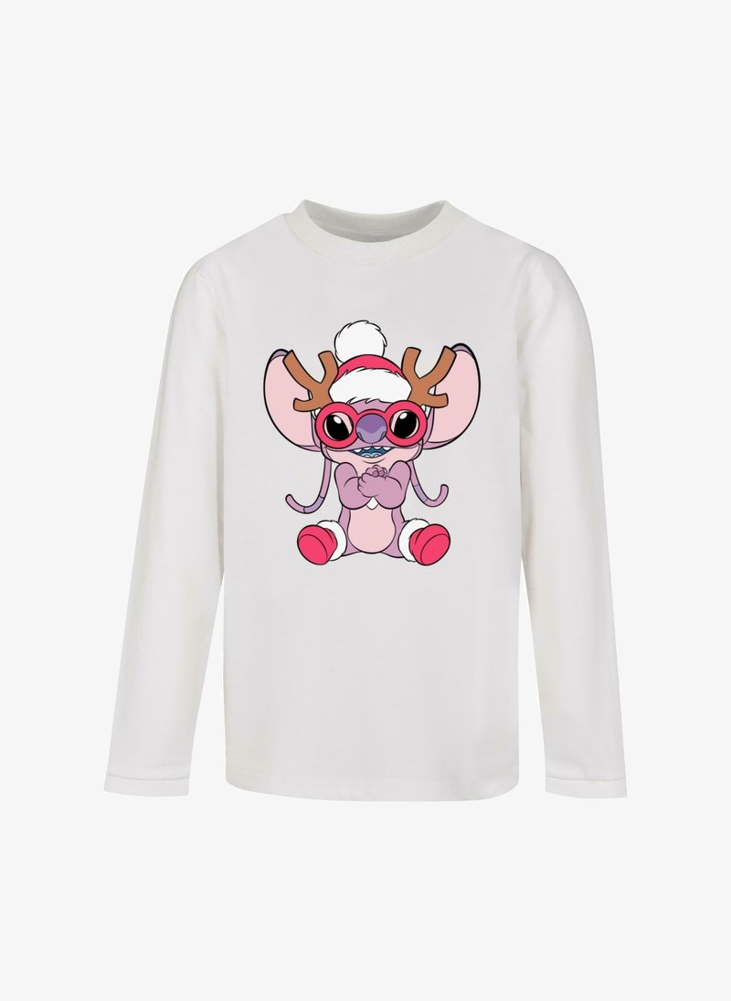 Chemise blanche à manches longues avec un personnage de dessin animé à la peau rose, de grandes oreilles, des lunettes de soleil, un serre-tête de renne rouge et un chapeau de Noël.