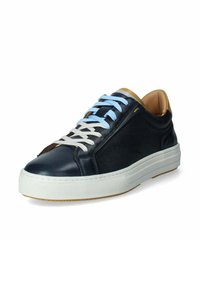 Sneaker in pelle e rete in blu navy e marrone chiaro con lacci blu e bianchi, suola in gomma e logo sottile sul lato.