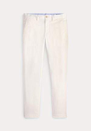 Men's slim-fit off-white trousers with front pockets, belt loops, and a button closure on a plain background.