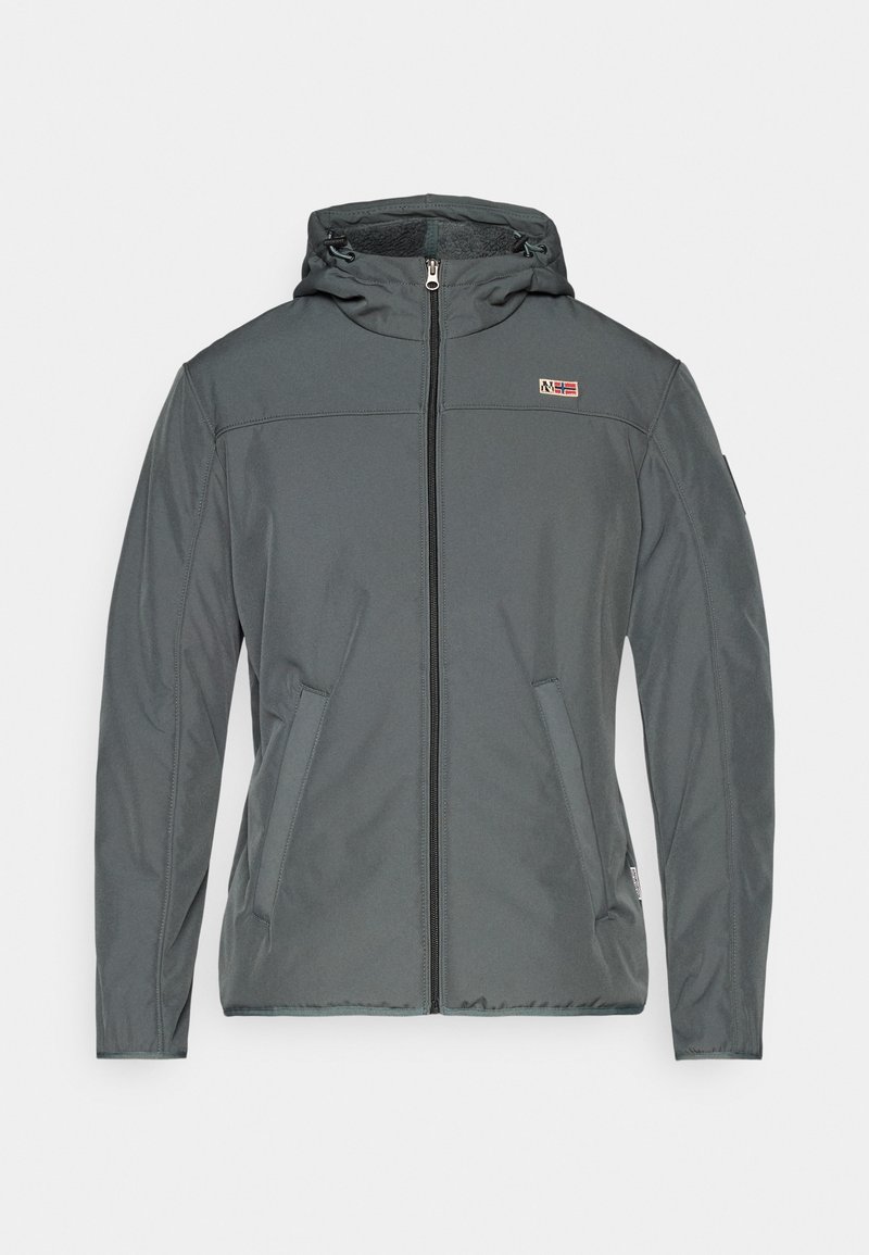 Veste à capuche grise avec une fermeture éclair avant, deux poches latérales et un petit logo sur le haut à gauche de la poitrine. Texture lisse avec une coupe ajustée.