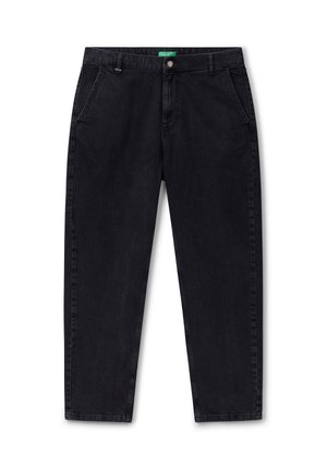 Jeans neri a sigaretta con tasche frontali, passanti per cintura, chiusura con bottone e un'etichetta del marchio verde sulla cintura.