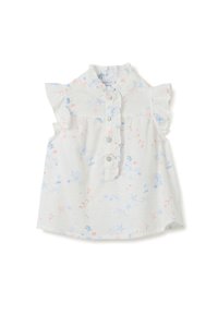 Weißes ärmelloses Blusentop mit gerafften Schulternähten, mit einer Knopfleiste und einem Muster aus rosa und blauen Meereslebewesen und Pflanzen.