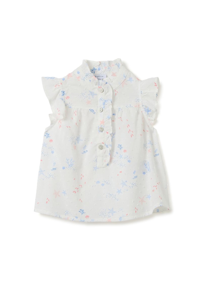 Weißes ärmelloses Blusentop mit gerafften Schulternähten, mit einer Knopfleiste und einem Muster aus rosa und blauen Meereslebewesen und Pflanzen.
