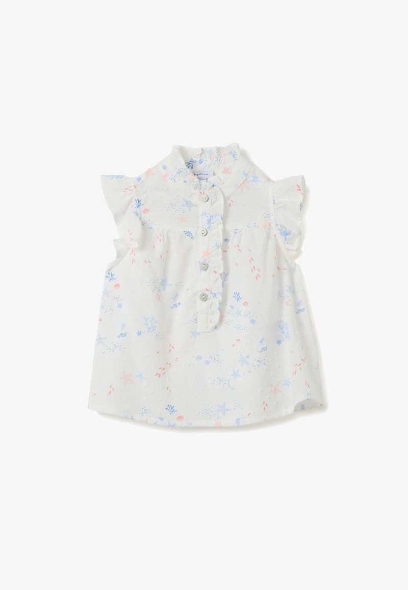 Blusa bianca senza maniche con cuciture delle spalle arricciate, dotata di una chiusura a bottoni e un motivo di creature marine e piante in tonalità rosa e blu.