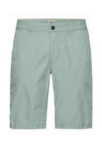 Hellgrüne Baumwollshorts mit Knopfverschluss, flachem Bund und Seitentaschen. Sie haben eine glatte Textur und ein schlichtes Design.