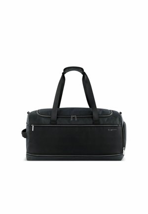 Sac de sport noir en tissu durable, avec un compartiment principal zippé, deux poignées et un panneau texturé contrastant à l'avant.