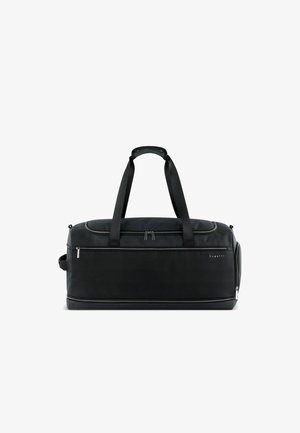 Borsa a tracolla nera realizzata in tessuto resistente, con un compartimento principale con zip, due manici e un pannello testurizzato a contrasto sul davanti.