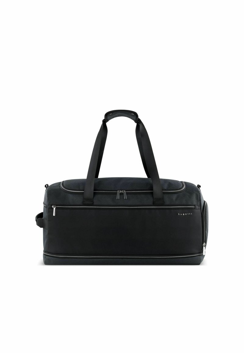 Bolsa de deporte negra hecha de un tejido duradero, con un compartimento principal con cremallera, dos asas y un panel texturizado en contraste en la parte frontal.