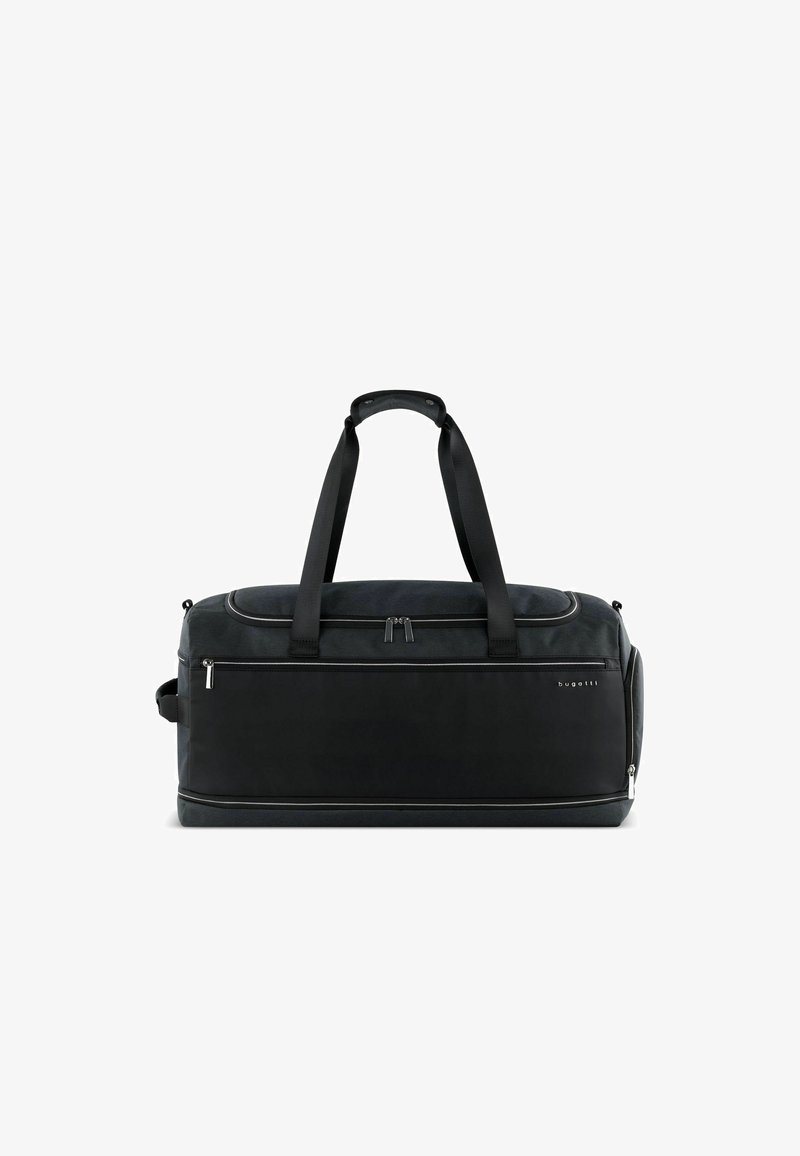 Schwarze Sporttasche aus strapazierfähigem Stoff, mit einem Reißverschluss-Hauptfach, zwei Griffen und einem kontrastierenden strukturierten Bereich vorne.