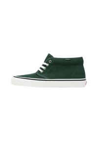 Sneaker alta in tela verde con suola in gomma bianca e lacci, con dettagli neri lungo il bordo della suola e una superficie liscia.
