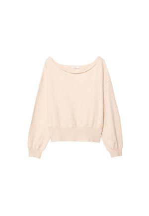 Beige, off-the-shoulder sweater with long, slightly puffed sleeves, ribbed waistband, and soft knit texture. No prominent patterns or accents.