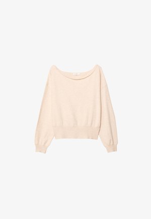 Beige, off-shoulder sweater med lange, let puffede ærmer, ribbet talje og blød strikket tekstur. Ingen fremtrædende mønstre eller accenter.