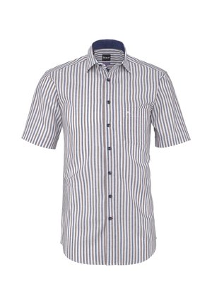 Chemise à manches courtes avec boutons, rayures verticales bleues, blanches et grises, une poche poitrine et un col intérieur bleu marine.