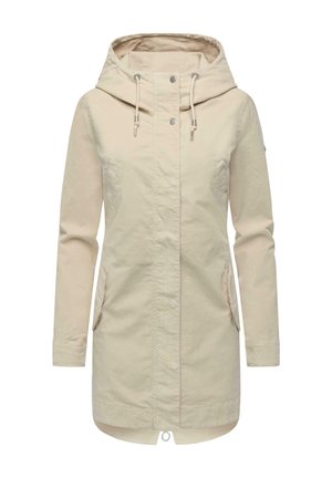 Parka color beige chiaro con cappuccio, coulisse, due tasche frontali e vestibilità dritta; realizzata in tessuto misto cotone strutturato.