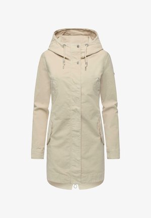 Parka color beige chiaro con cappuccio, coulisse, due tasche frontali e vestibilità dritta; realizzata in tessuto misto cotone strutturato.