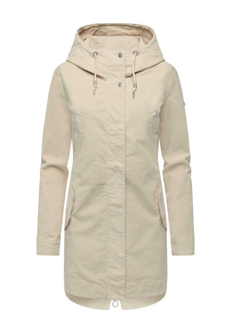 Parka color beige chiaro con cappuccio, coulisse, due tasche frontali e vestibilità dritta; realizzata in tessuto misto cotone strutturato.