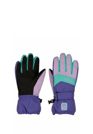 Paar lila, minzgrüne und schwarze Kinder-Winterhandschuhe mit verstellbaren Handgelenkriemen und elastischen Bündchen.